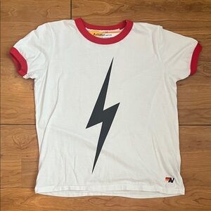 Aviator Nation White Tee with Red Trim and Black Lightning Bolt Size 14